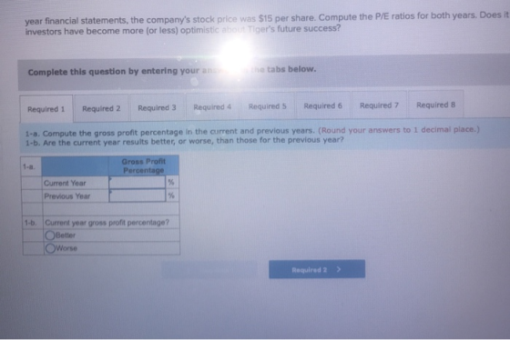 year financial statements, the companys stock price was $15 per share. Compute the P/E ratios for both years. Does it invest