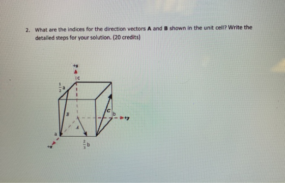 2. What are the indices for the direction vectors A and B shown in the unit cell? Write the detailed steps for your solution.