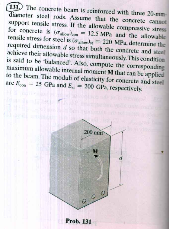 131 The concrete beam is reinforced with three 20-mm- diameter steel rods. Assume that the concrete cannot support tensile stress. If the allowable compressive stress for concrete is (allown2.5 MPa and the allowable tensile stress for steel is (?allow)st-220 MPa, determine the required dimension d so that both the concrete and steel achieve their allowable stress simultaneously. This condition is said to be balanced. Also, compute the corresponding maximum allowable internal moment M that can be applied to the beam. The moduli of elasticity for concrete and steel are Econ 25 GPa and Est 200 GPa, respectively allow con 0 200 mm Prob. 131