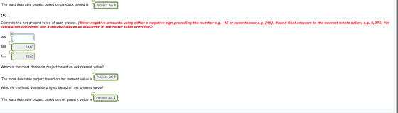 The least desirable project based on payback period is Project AA (b) Compute the net present value of each project. (Enter n