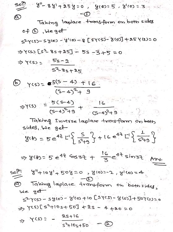 sol Y_:841+25 y=0; you5 ,gicos = 3 Taking leplace transform on both sides of ☺ we get $2yes3-54603 - 91103 – 8 (syis9-46033