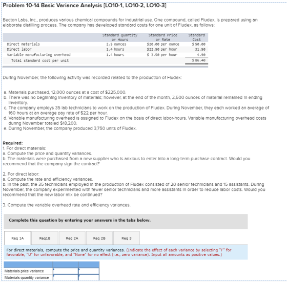 Problem 10-14 Basic Variance Analysis [LO10-1, LO10-2, LO10-3] Becton Labs, Inc., produces various chemical compounds for Ind