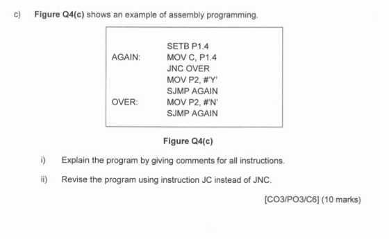 c) Figure Q4(c) shows an example of assembly programming. SETB P1.4 MOV C, P1.4 JNC OVER MOV P2, #Y SJMP AGAIN MOV P2, #N