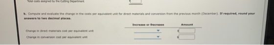 Total costs assigned by the Cutting Department b. Compute and evaluate the change in the costs per equivalent unit for direct