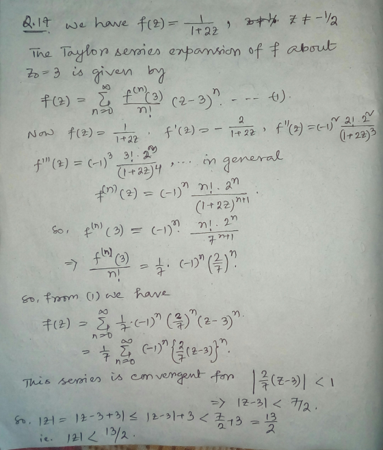 +27 Q.17 we have f(2)= st. 75-1/2 The Taylor sersies expansion of f about 20=3 is given by f(3) = 3 from ) (2-3)? --- 0). Now