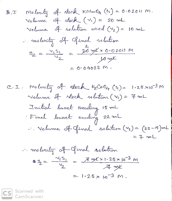. B.I Molarity of stock KMnO4 (3) = 0.02011 m. Volume of stock (V.) = 20 ml volume of solution used (V2) = 10 mL .. molarity