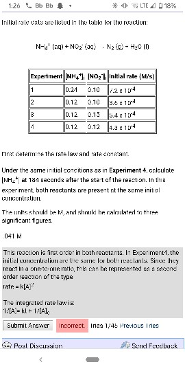 1:26 Bb Bb # . * *] LTE 4 18% Iniliul rale cala are listed in the lable lor the reaction | N-4(aq) + N^2 (ag - Nội - Học [l]