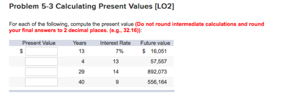 Problem 5-3 Calculating Present Values [LO2] For each of the following, compute the present value (Do not round intermediate calculations and round your final answers to 2 decimal places. (e.g., 32.16): 13 4 29 40 7% 13 14 $16,051 57,557 892,073 556,164