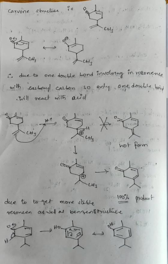 Carvone structure is t . TOM in due to one double bond involving in rokonence with carbonyl carbon so only one double bond wi