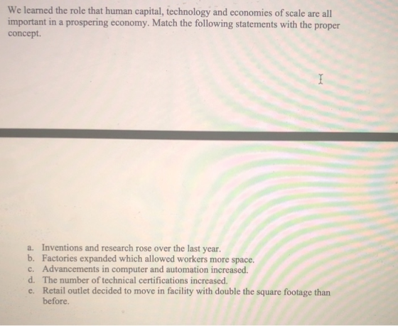 We learned the role that human capital, technology and economies of scale are all important in a prospering economy. Match th