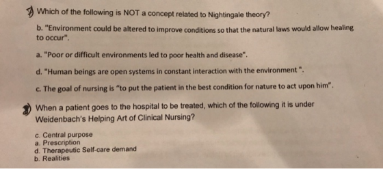 Which of the following is NOT a concept related to Nightingale theory? b. Environment could be altered to improve conditions