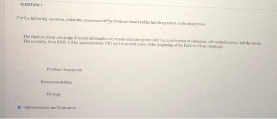 QUESTION 1 For the following question, select the component of the evidence-based public health approach to the description: