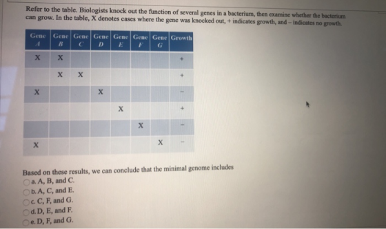Refer to the table. Biologists knock out the function of several genes in a bacterium, then examine whether the bacterium can