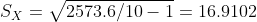 Sx = V25736/10-1 = 16.9102