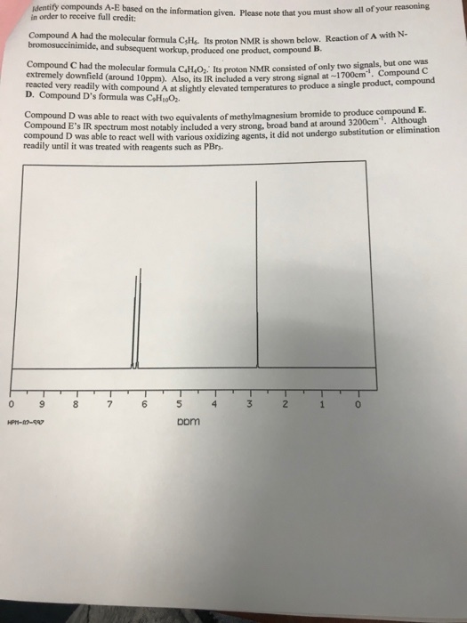 identify compounds A-E based on the information in order to receive full credit: given. Please note that you must show all of your reasoning Compound A had the molecular formula CtHa Its proton NMR is shown below. Reaction of A bromosuccinimide, and subsequent workup, produced with N- one product, compound B. but one was Compound C had the molecular formula CaH,o2: Its proton NMR consisted of only two signals extremely downfield (around 10ppm). Also, its IR included a very strong signal at-17vodcm reacted very readily with compound A at slightly elevated temperatures to produce a singe D. Compound Ds formula was CoHioo2 . Compound C t compound product, co E. Compound D was able to react with two equivalents of methylmagnesium bromide to produce compound Compound Es IR spectrum most notably included a very strong, broad band at around readily untiact well with various oxidizing agents, it did not undergo substitution or elimination readily until it was treated with reagents such as PBr 0 9 87 6 5 4 3 2 0 bom