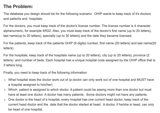 The Problem: The database you design should be for the following scenario: OHIP wants to keep track of its doctors and patie