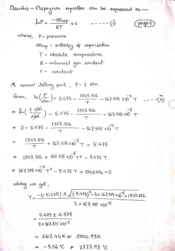 Claurius – Clapeyron equation can be expnessed as — hP = -afvap te ---- Page 1 whene, P-pressure Strap - enttialpy of vaporiz