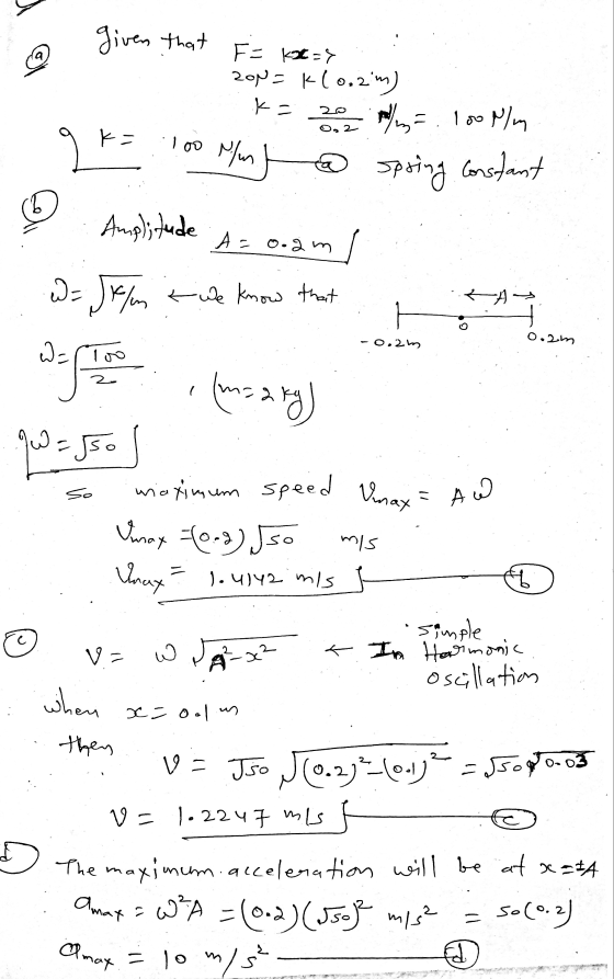 given that @ F= K2=% 200 K (0.2m) k= por me. 100 Nm 20 O, 2 k= 100 N/m N/urf @ spring Constant Amplitude A= 0.2 m . W = Jr/m
