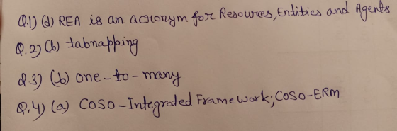 Q.1) W REA is an acronym for Resources, Entities and Agents Q. 27 (b) tabnapping d.3) (16) one-to-many 0.4) (2) Coso - Integr