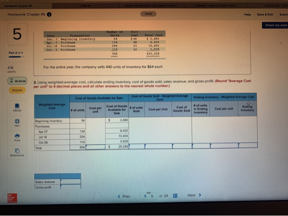 Homework Chapter #6 Help Save & Sub Check my work For the entire year, the company sells 440 units of inventory for $64 each