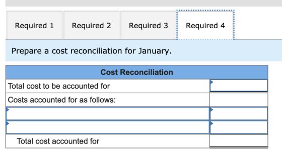 Required 1 Required 2 Required 3 Required 4 Prepare a cost reconciliation for January. Cost Reconciliation Total cost to be a