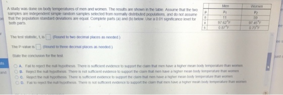 Men ?? A study was done on body temperatures of men and women. The results are shown in the table Assume that the two samples are independent simple random samples selected ftrom normally distributed populations, and do not assume that the population standard deviations are equal Complete parts (a) and (b) below Use a 0 01 significance level for both parts Women ?2 59 97 45 F 087F The test statistic,1,(Round to two decimal places as needed ) The P-value s(Round to three decimal places as needed) State the conclusion tfor the test ast ts O A. Fall to reject the null thypothesis. There is sufficient evidence to support the claim that men have a higher mean body temperature than women and O B. Reject the null hypothesis There is nol sutficient evidence to support the ciaim that men have a higher mean body temperature than womern ?C. Repot the null hypothesis There is sur cert evidence to support the darn that men have a higher mean body le perature than women ?o. Fai to reect the null hypotess There is not suroent endence to support tre cam that men have anger mean boy temperature han women