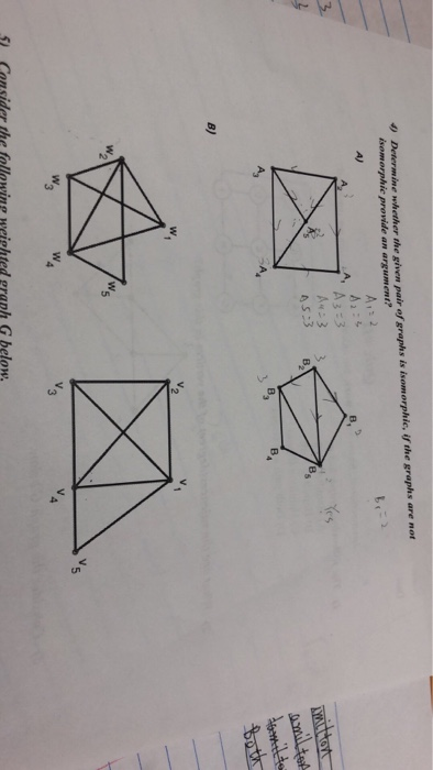 Determine whether the given pair of graphs is isomorphic, if the graphs are not isomorphic provide an argument? kes A-33 S:3 B B) 5 5 4