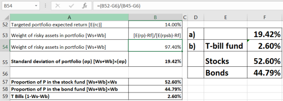 154 : X r fix =(B52-6)/(B45-G6) A в с D E F 52 Targeted portfolio expected return [E(rc)] 14.00% 53 Weight of risky assets in