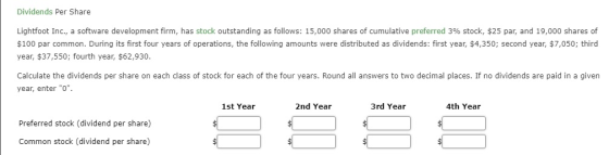 Dividends Per Share Lightfoot Inc., a software development firm, has stock outstanding as follows: 15,000 shares of cumulativ