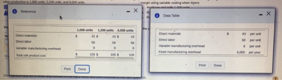 1.000 1.200 units, and 6.000 margin using variable costing when Ayers anda 0 Reference X Data Table 1,000 units 1.200 units 5