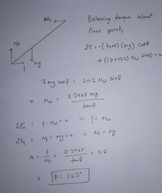 اے باM Balancing torque about floor point, NE {T=-(7cm) (mg) caso +((7+19.2) Nu sino) = 0 7 mg caso = 20.2 Nw sind No= 0.3465