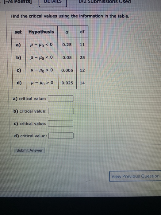 (-74 Points DETAILS 012 Submissions Used Find the critical values using the Information in the table. set Hypothesis a df a)