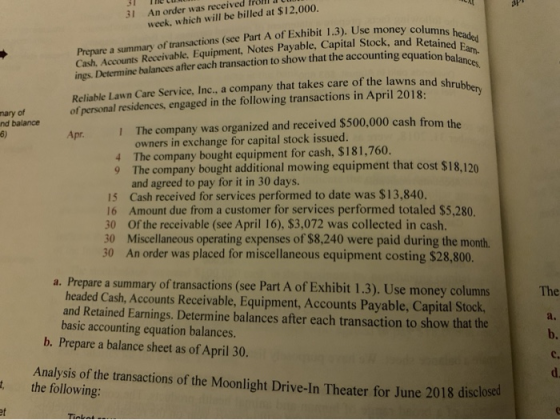 Cash, Accounts Receivable. Equipment, Notes Payable, Capital Stock, and Retained Earn- Prepare a summary of transactions (see