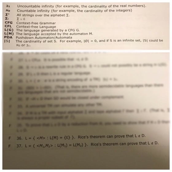 21 Uncountable infinity (for example, the cardinality of the real numbers). No Countable infinity (for example, the cardinality of the integers) ? All strings over the alphabet ?. CFG Context-free Grammar CFL Context-free Language L(G) The language generated by a CFG G. L(M) The language accepted by the automaton M. PDA Pushdown Automaton/Automata ISI The cardinality of set S. For example, I01 -o, and if S is an infinite set, ISI could be No or J1 L <M> L(M) 8. Rices theorem can prove that L e D. 37. L = { <M,M.> : L(M1) = L(M2)). Rices theorem can prove that L e D. F 36,