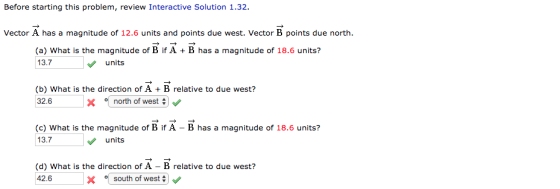 Before starting this problem, review Interactive Solution 1.32. Vector A has a magnitude of 12.6 units and points due west. V