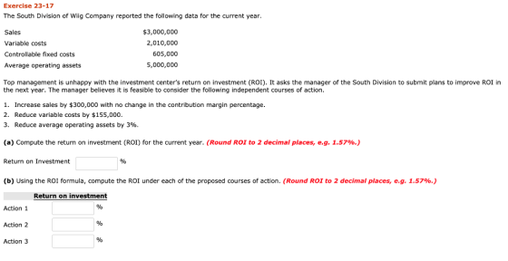 Exercise 23-17 The South Division of Wiig Company reported the following data for the current year. Sales Variable costs Cont