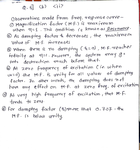 Obsenvahions made From freq. Tespomse curve hen ฑ-1 . This cand ition s kmo nas Resonance. Value of M.F red 6es @ when the Rıç Yo damping ニo) ,M.f.reacher nfinity atMHecee, the system may g inh destru cher much before that. u, ) the M-f. S unity for al Values of dam pry facłor. n othes wards, the damping does m ot have my effector 11.f, at zero frd. 아exc G At very high frequen(1 of excitat on, thit M. R tends to zess or damping factor Ct7mcre that o.70% the