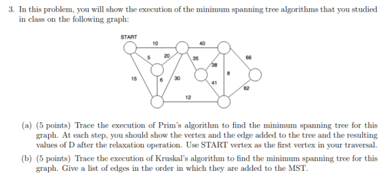 3. In this problem, you will show the execution of the minimum spanning tree algorithms that you studied in class on the following graph: START 10 40 5 20 35 15 6 30 62 12 (a) (5 points) Trace the execution of Prims algorithm to find the minimum spanning tree for this graph. At each step, you should show the vertex and the edge added to the tree and the resulting values of D after the relaxation operation. Use START vertex as the first vertex in your traversal (b) (5 points) Trace the execution of Kruskals algorithm to find the minimum spanning tree for this graph. Give a list of edges in the order in which they are added to the MST.