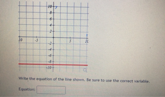 1073 8 6 ON 10 - 5 15 IC -2 -6 -8 -70 Write the equation of the line shown. Be sure to use the correct variable. Equation: