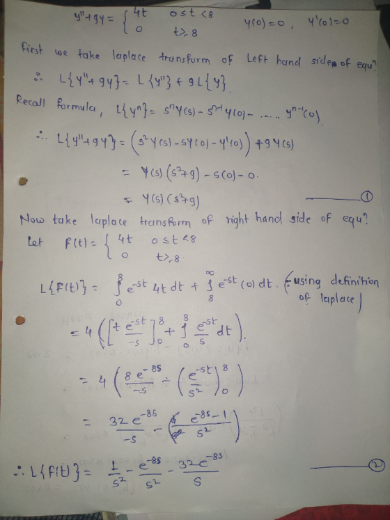 4t ost <8 Yo1-0 yro)=o, t 8 first oe take laplace trunsform of Left hand sidea of equ LY 947-L3 9L{ Recall formula, 4y sy(s