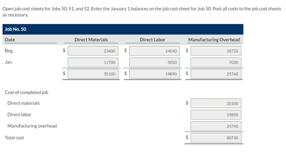 Open job cost sheets for Jobs 50, 51, and 52. Enter the January 1 balances on the job cost sheet for Job 50. Post all costs t