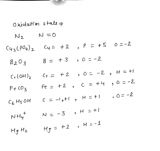 oxidation state N2 N=0 0=-2 C43(PO4)2 Cu = , P = +5 +2 B203 B = + 3 , O = -2 C(OH)2 Cr= +2 ,0 = -2, H = + c = +4 ,0--2 Fe = +