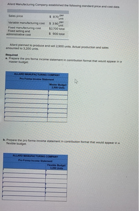 Allard Manufacturing Company established the following standard price and cost data. Sales price $ 870 Variable manufacturing