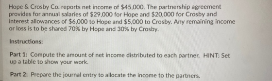 Hope & Crosby Co. reports net income of $45,000. The partnership agreement provides for annual salaries of $29,000 for Hope a