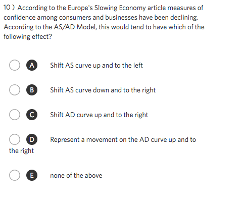 0) According to the Europes Slowing Economy article measures of confidence among consumers and businesses have been declining According to the AS/AD Model, this would tend to have which of the following effect? A Shift AS curve up and to the left B Shift AS curve down and to the right Shift AD curve up and to the right Represent a movement on the AD curve up and to the right none of the above