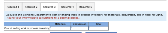 Required 1 Required 2 Required 3 Required 4 Required 5 Calculate the Blending Departments cost of ending work in process inv