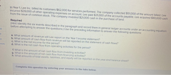 In Year 1. Lee Inc. billed its customers $62,000 for services performed. The company collected $51,000 of the amount billed.
