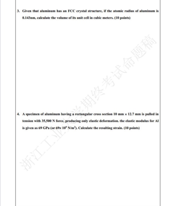 3. Given that aluminum has an FCC crystal structure, if the atomic radius of aluminum is 0.143nm, calculate the volume of its