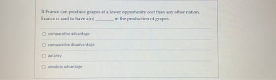 If France can produce grapes at a lower opportunity cost than any other nation, France is said to have a(n) in the production
