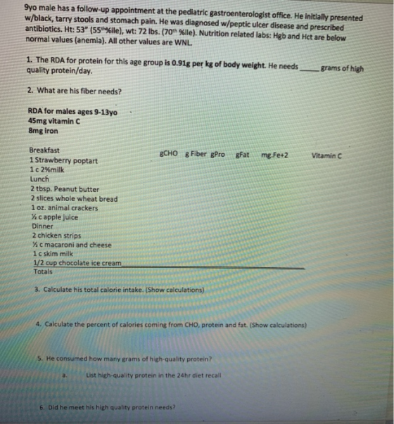 9yo male has a follow-up appointment at the pediatric gastroenterologist office. He initially presented w/black, tarry stools